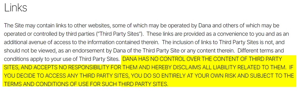 Dana Terms of Use: Links clause with all-caps highlighted