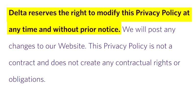 Delta Privacy Policy: Right to modify Privacy Policy clause