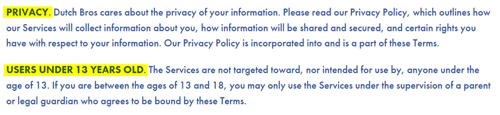 Dutch Bros Coffee Terms of Service: Privacy and Children clauses