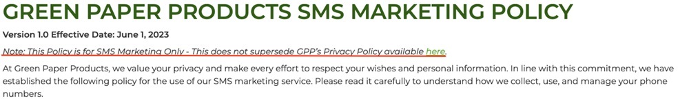 Green Paper Products SMS Marketing Policy: Intro section