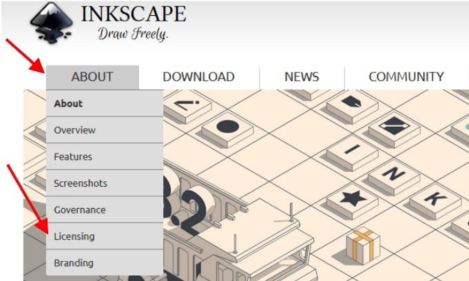 Inkscape website About menu with licensing link highlighted