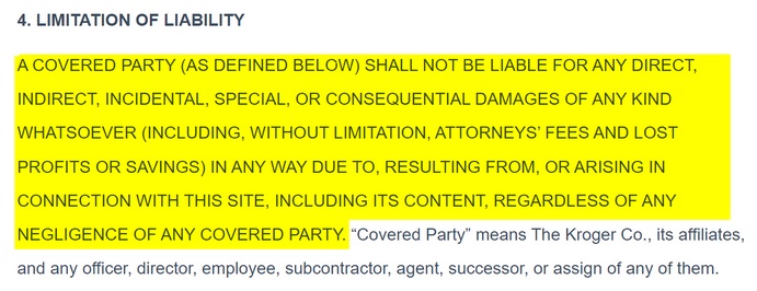 Kroger Terms and Conditions: Limitation of Liability clause with all-caps highlighted