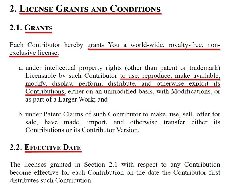Mozilla Public License: License Grants and Conditions and Effective Date sections