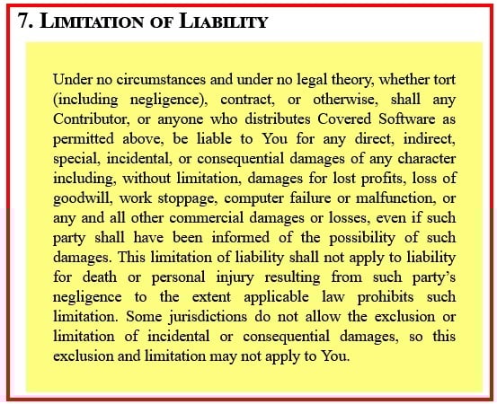Mozilla Public License: Limitation of liability clause