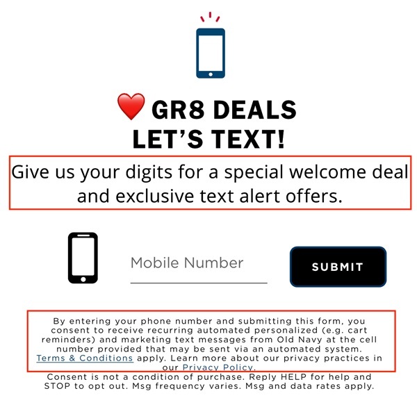 Old Navy SMS marketing sign-up form