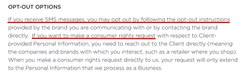 Privacy Policy: Opt-Out Options cause with SMS messages section highlighted