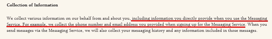 SMS Privacy Policy: Collection of Information clause excerpt
