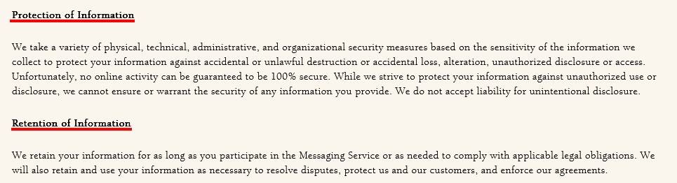 SMS Privacy Policy: Protection of Information and Retention of Information clauses