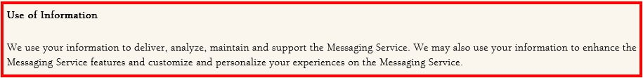SMS Privacy Policy: Use of Information clause excerpt