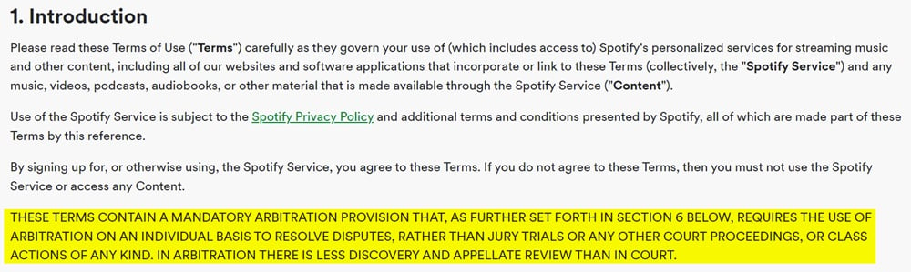 Spotify End User Agreement: Introduction clause with all-caps highlighted