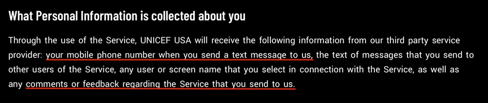 UNICEF USA SMS Privacy Statement: What Personal Information is collected about you clause