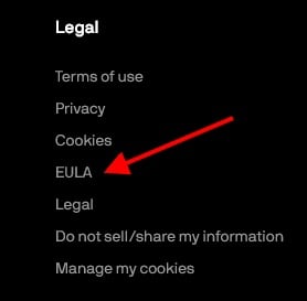 Website footer with EULA link highlighted