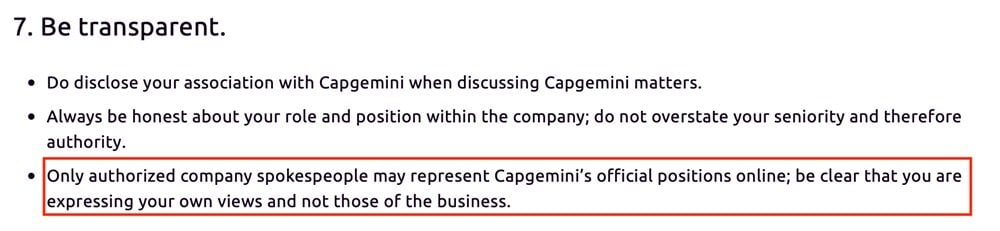 Capgemini Social Media Code of Conduct: Be transparent section excerpt