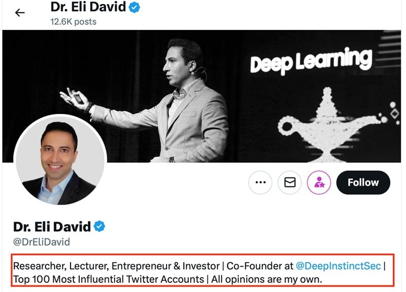 Doctor Eli David X profile with bio highlighted