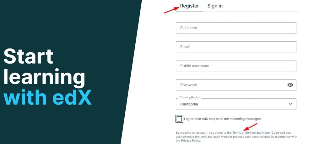 edX Account register form with link to Terms of Service highlighted