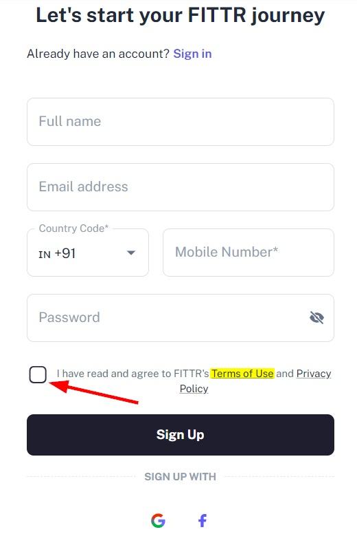 FITTR mobile account sign-up form with checkbox highlighted
