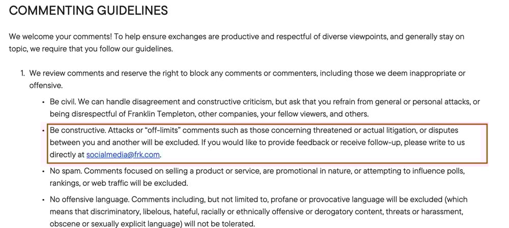 Franklin Resources Commenting Guidelines excerpt