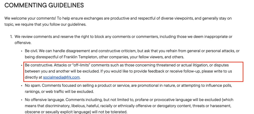 Franklin Resources Commenting Guidelines excerpt