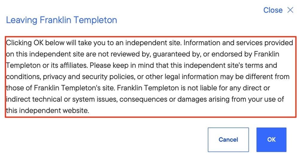 Franklin Resources pop-up disclaimer
