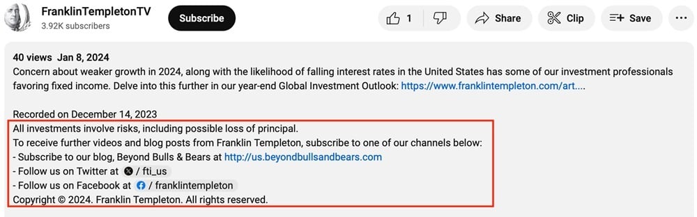 Franklin Resources YouTube disclaimer
