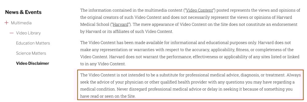 Harvard Medical School video disclaimer