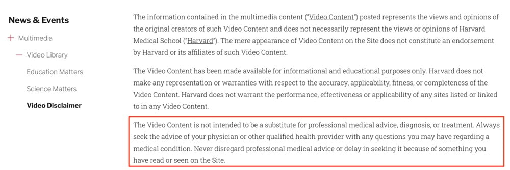 Harvard Medical School video disclaimer