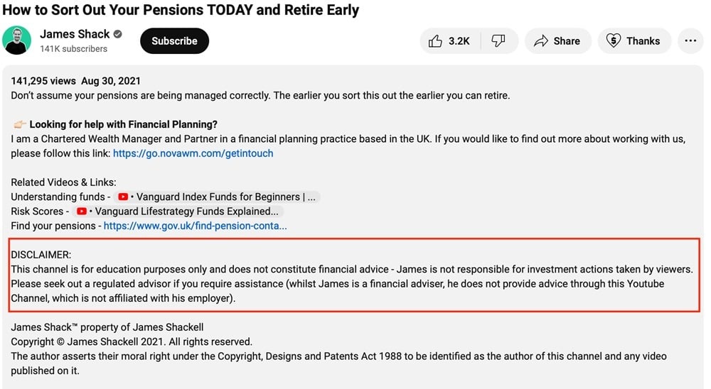 James Shack YouTube disclaimer
