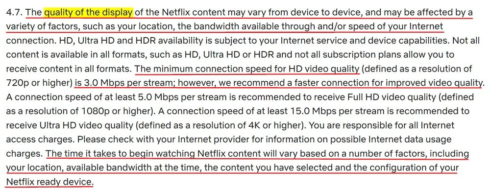 Netflix Terms of Use Display Quality clause