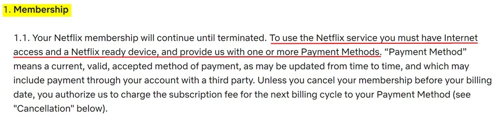 Netflix Terms of Use Membership clause
