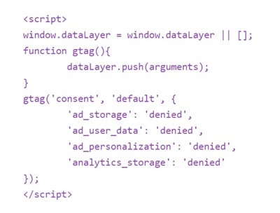 PrivacyPolicies - Google Consent Mode V2: Example: Copy the gtag function with default consent states as denied