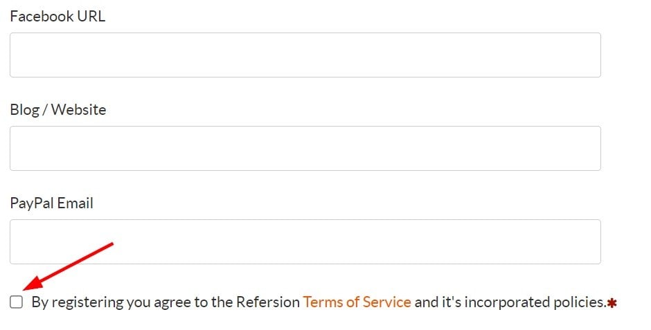 Refersion account register form with checkbox highlighted