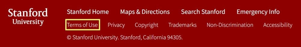 Stanford University website footer with Terms of Use link highlighted