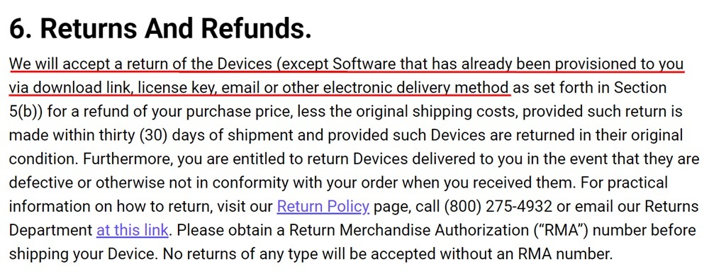Western Digital Terms of Sale: Returns and Refunds clause