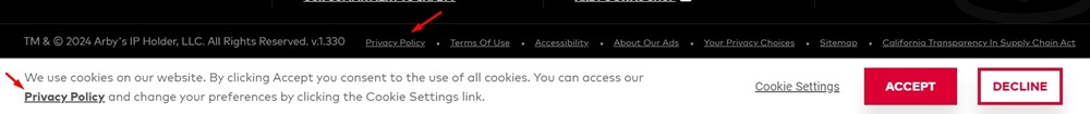 Arbys website footer and cookie notice with Privacy Policy links highlighted
