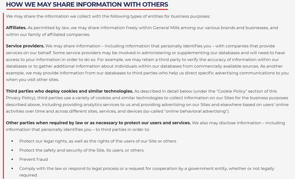 General Mills Privacy Policy: How we may share information clause