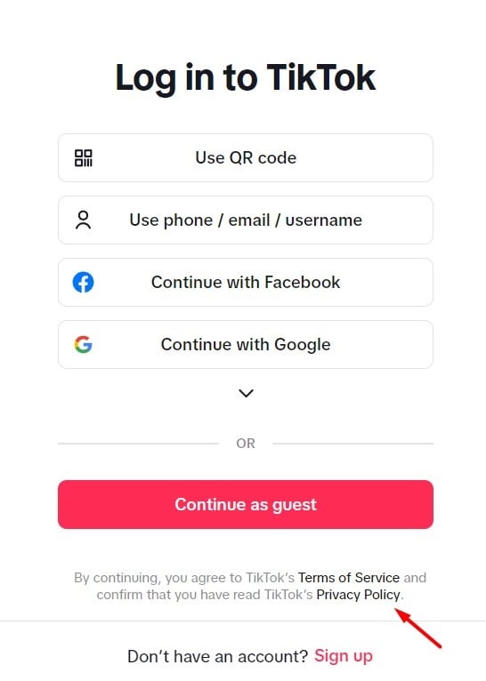 Tiktok login with Privacy Policy link highlighted