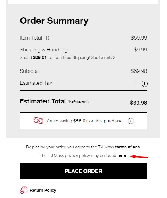 TJ Maxx checkout page with Privacy Policy link highlighted